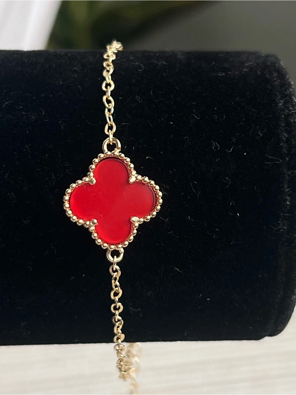 Gold Chain Bracelet with singular Red Clover Charm